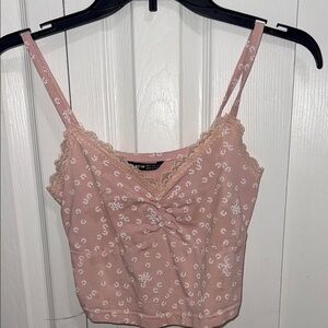 Pink Floral Lace Trim Cami Top